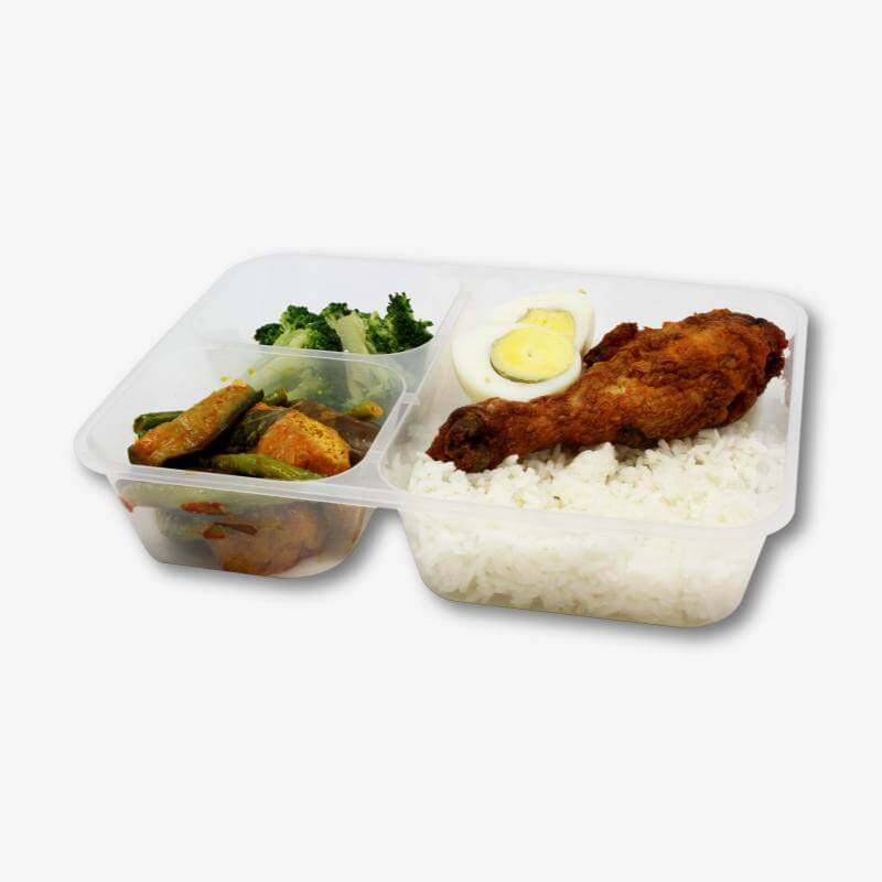 3 compartment transparent takeaway plastic food container