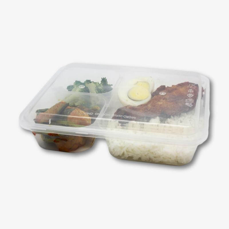 clear transparent disposable plastic food container with 3 compartments